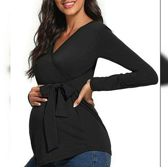 Tops - Maternity Top Black Tie Waist Long-Sleeve Soft M